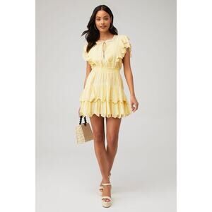 LoveShackFancy Darryl Lace Trim Pale Yellow Flutter Sleeve Ruffle Mini Dress